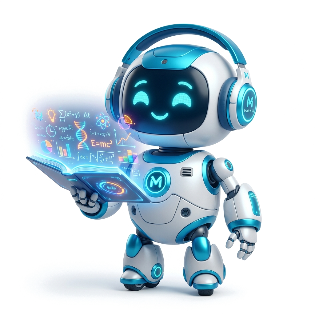 Mascote Robô Inteligente do Match IA segurando livro holográfico